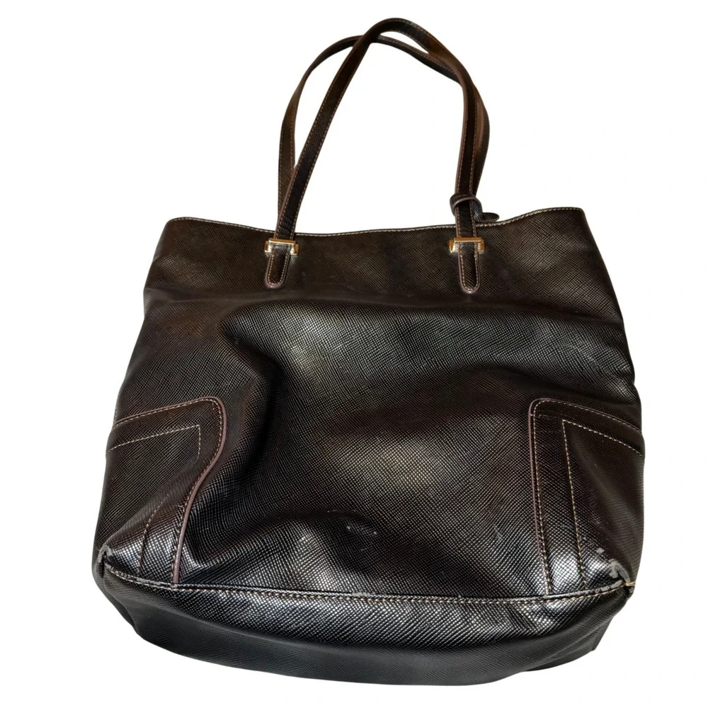 Chaps Black Faux Leather Tote Shoulder Bag Large Textured Purse Work Shopper